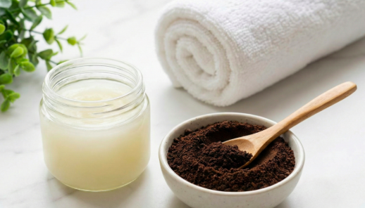 Mesa de mármore branco com um pote de vidro contendo óleo de coco sólido, uma tigela redonda com café moído e uma colher de madeira, e uma toalha branca enrolada ao fundo, compondo uma apresentação de esfoliante corporal caseiro.