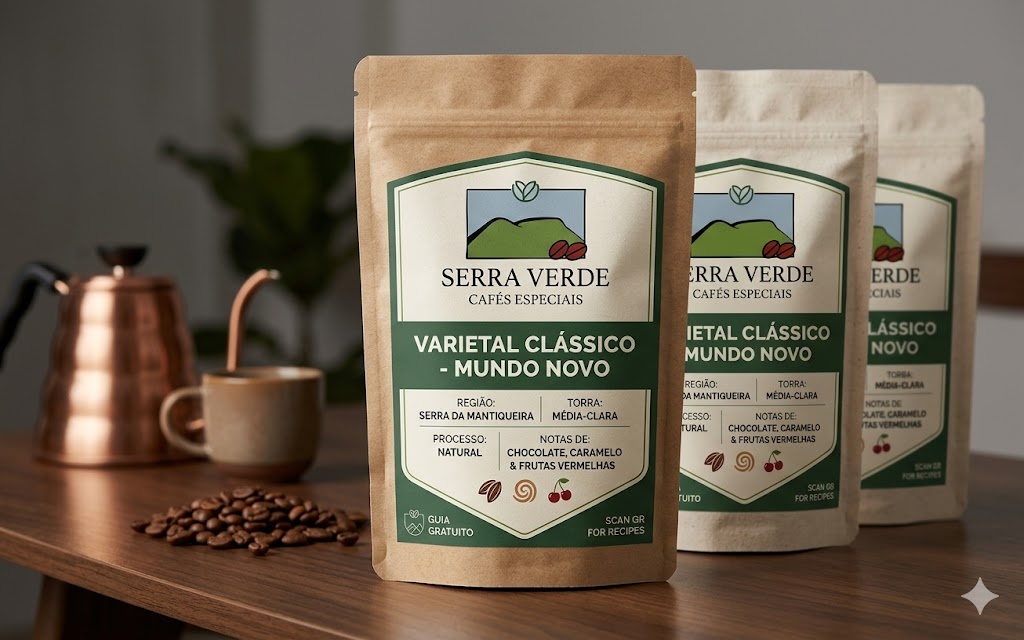Três embalagens do café Serra Verde Cafés Especiais, varietal Clássico Mundo Novo, dispostas sobre uma mesa de madeira. A embalagem frontal exibe as informações: região Serra da Mantiqueira, torra média-clara, processo natural, e notas de chocolate, caramelo e frutas vermelhas. Ao fundo, uma chaleira de cobre e uma xícara de café.

